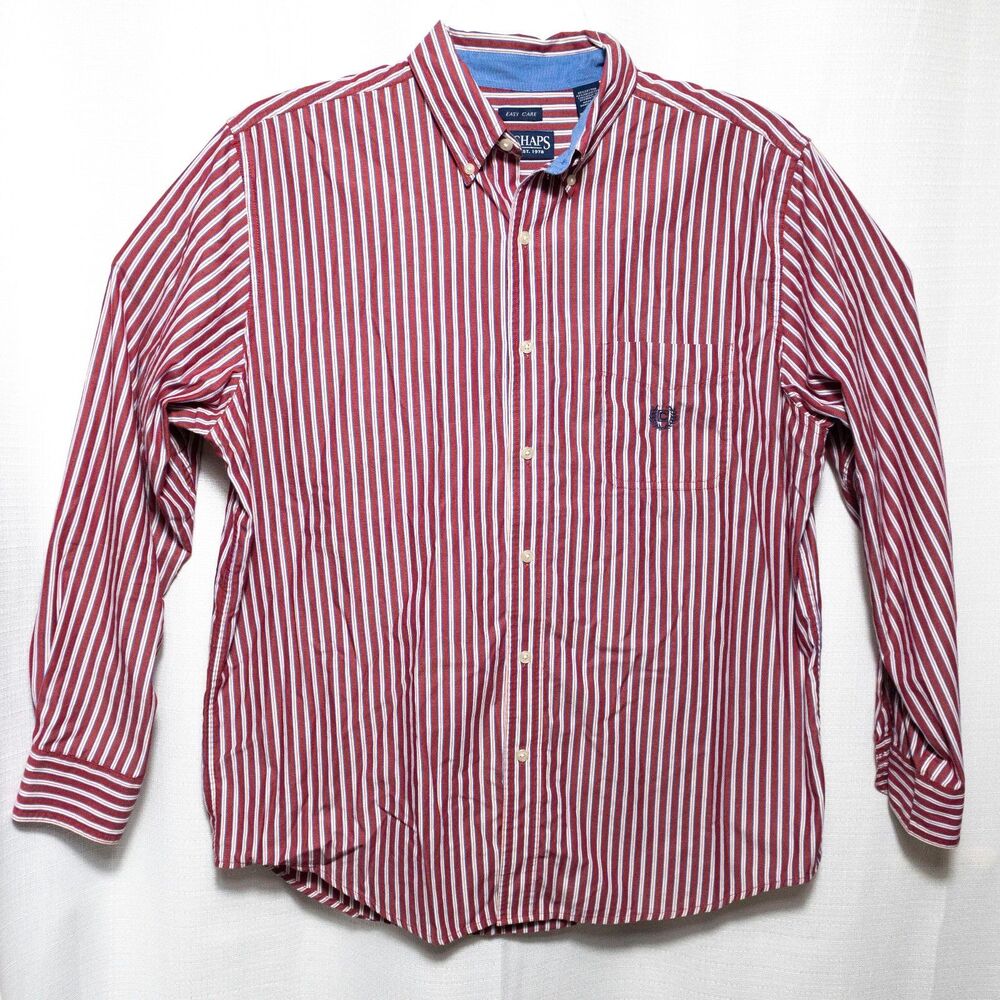 Chaps Mens Striped Long Sleeve Button Down Shirt XL Easy Care Red White Blue
